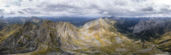 Aerial view, Alpine panorama, Raudenspitze and Carnic High Trail, Carnic Main Ridge, Carnic Alps,