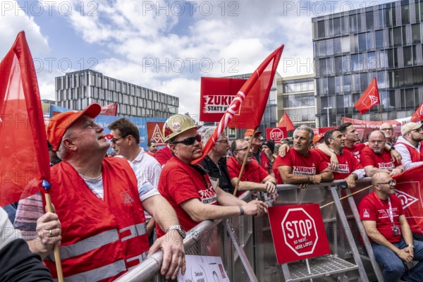 Demonstration by many thousands of steelworkers in front of the ThyssenKrupp headquarters in Essen