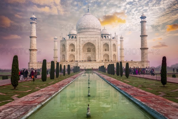 Taj Mahal on sunrise sunset, Indian Symbol, India travel background. Agra, Uttar Pradesh, India,
