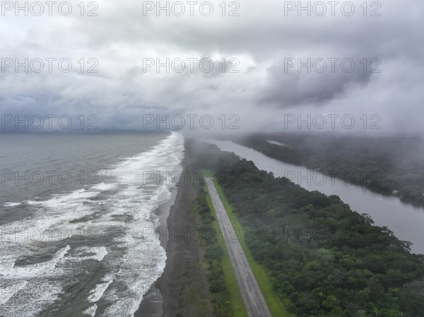 Aerial view, beach and sea, coast with rainforest, Tortuguero National Park, Costa Rica, Central