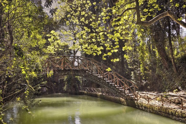 Wooden bridge over a quiet pond in the middle of a green forest, Rodini Park, City Park, Rhodes
