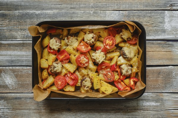 Overhead view of roasted potatoes, mushrooms and tomatoes garnished with melted cheese, arranged in