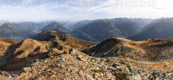 Mountain panorama at Kreuzjoch summit, view of Tschirgant summit and the Oberinntal valley and into