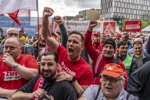 Demonstration by many thousands of steelworkers in front of the ThyssenKrupp headquarters in Essen