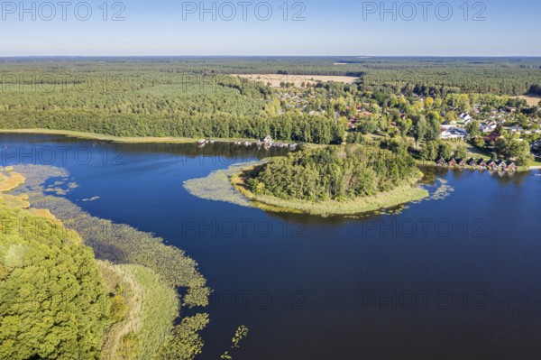 Aerial view of island in lake Granzower Möschen, Mecklenburg lake district, Mecklenburg-Vorpommern,