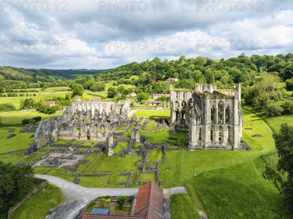 Rievaulx Abbey from a drone, North York Moors National Park, North Yorkshire, England, United