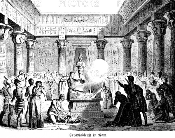 Serapis service in Rome, cult of the gods, sacrifice ceremony, fire, smoke, crowd, interior,