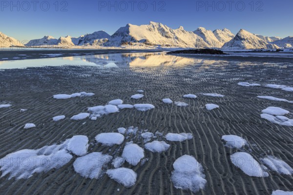 Ice floes on the beach in front of snowy mountains, evening light, winter, Moskenesoya, Lofoten,