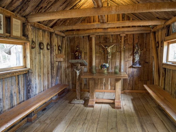 Interior of wooden chapel built by padre Ronchi, near Villa o' Higgins, Patagonia, Chile, South