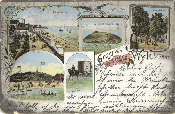Historical postcard, picture postcard, beach life in Wyk auf Föhr, North Frisia,