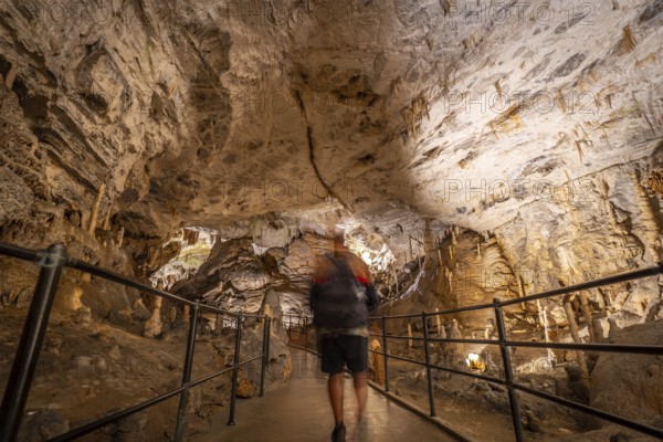 Tourist walking on a concrete walkway inside the famous postojna cave in slovenia, admiring the