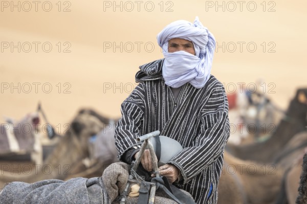 Berber with turban by his camels, desert, Erg Chebbi, Sahara, Merzouga, Morocco, Africa