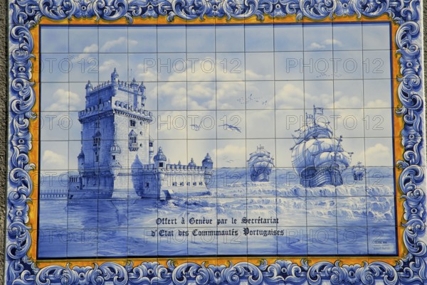 Azulejo with representation of the Torre de Belem, painted tiles, Ariana Park, Geneva, Canton of