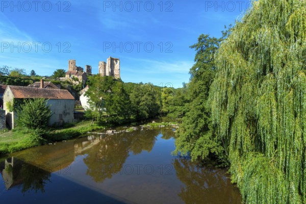 Herisson labeled Small City of Character. View on the castel of Ducs de Bourbon and river Aumance.