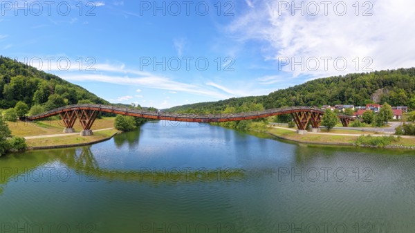 Aerial view, wooden span bridge, also called Tatzelwurm, 190 metres long, wooden bridge over