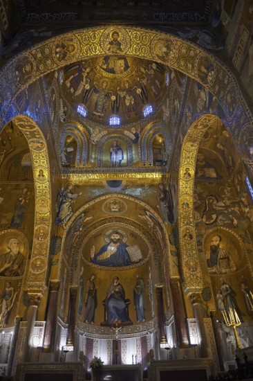 Medieval Byzantine style mosaics of the main aisle & altar, Palatine Chapel, Cappella Palatina,