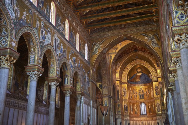 Christ Pantocrator mosaics of the Norman-Byzantine medieval cathedral of Monreale, province of
