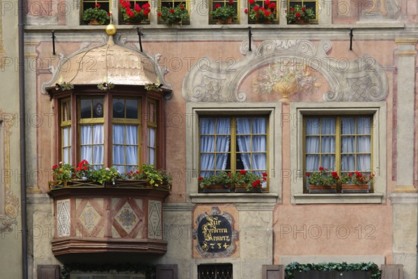 Bay window on painted façade, Historic House on Town Hall Square, Rathausplatz, Old Town, Stein am
