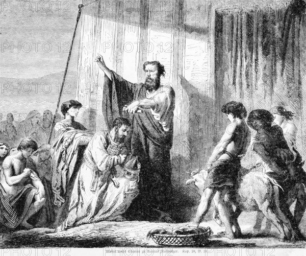 Moses consecrates Eleazar as Aaron's successor, Aaron, consecration, ceremony, group, kneeling,