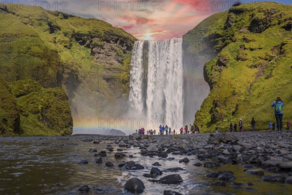 Group of tourists looking at the beautiful rainbow at the impressive Skogarfoss waterfall in