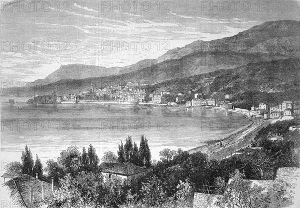 The Town of Menton on the Mediterranean, 1869, France, Historical, digitally restored reproduction