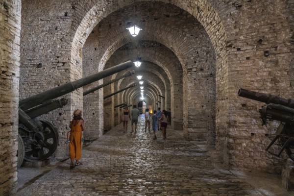 Interiors with the cannons of the fortress of the Ottoman castle of Gjirokaster or Gjirokastra.