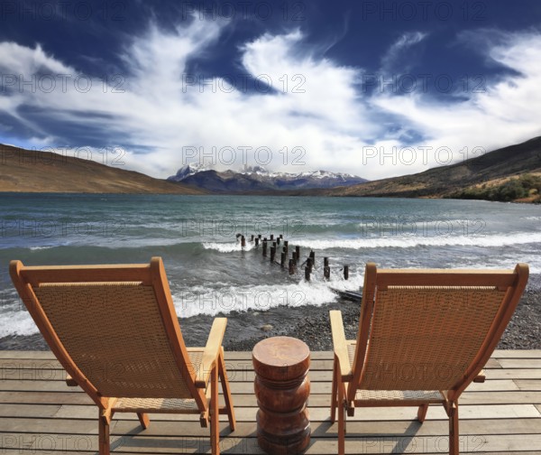 The comfortable place to enjoy the beauty of the lake and clouds in Patagonia. Two folding wooden