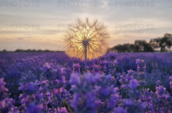 Closeup fluffy dandelion against vibrant sunset in the purple lavender field. Beautiful summer