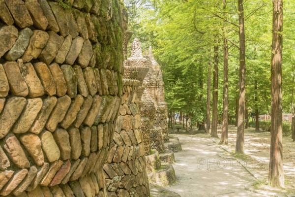 Daejeon, South Korea, August 16, 2020: Large intricately designed brick structures beside hiking