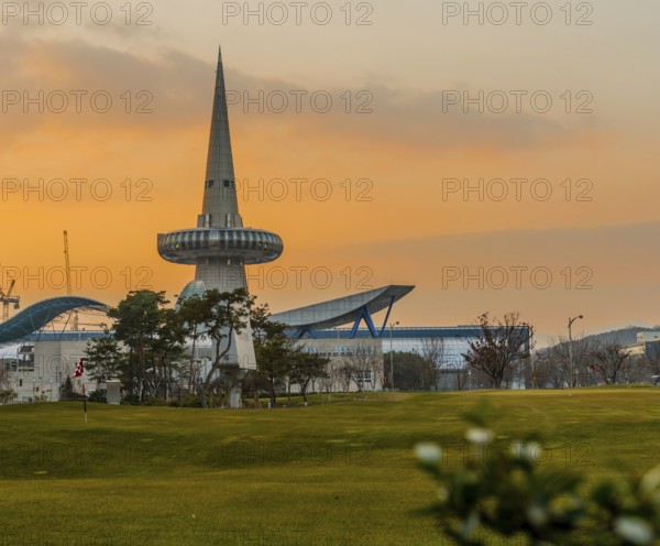 Daejeon, South Korea, December 23, 2019: Space needle at Expo Park behind exhibition buildings at