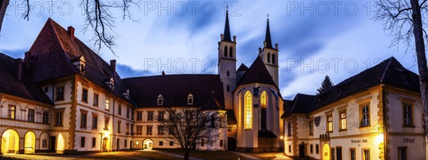 Abbey courtyard of Göß Abbey, blue hour, panoramic view, former monastery of the Benedictine nuns,