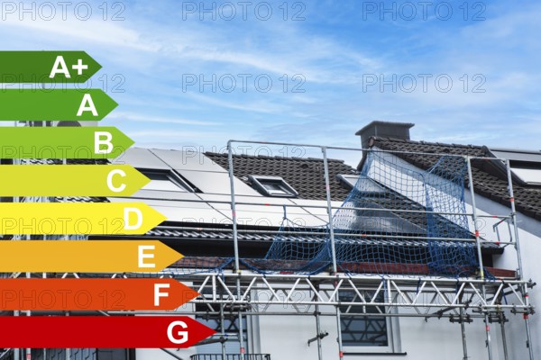 Scaffolding and solar panels on the roof of a detached house in Essen, energy efficiency classes