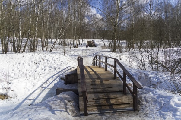 A bridge over a stream at the bottom of a small ravine. Teplostanovsky forest park, Moscow, Russia.