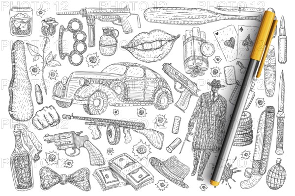 Crimes and robbery symbols doodle set. Collection of hand drawn gun money poison luxury car