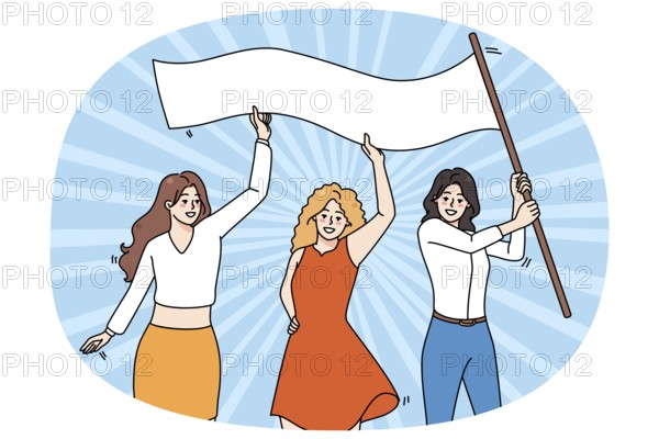 Smiling diverse women with banner for international woman day celebrate together. Happy female