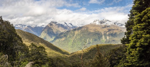 Majestic mountain landscape from famous Routeburn track, Fiordland National Park, South Island of
