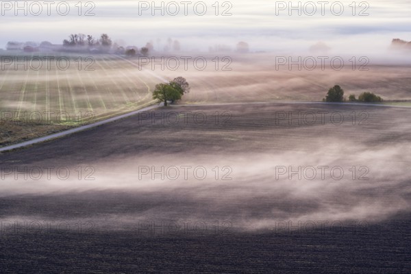 Morning fog in a rural landscape with fields and roads