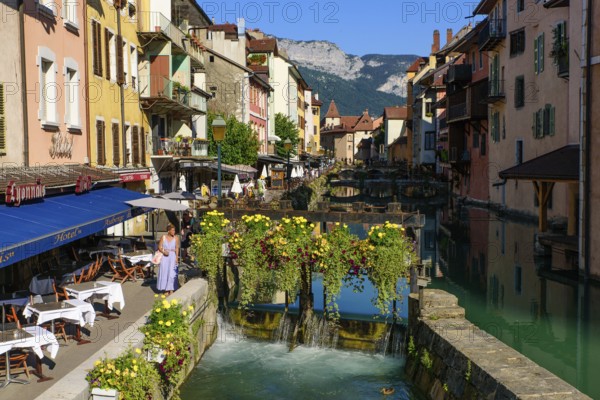 View of Thiou river and the old city of Annecy, the largest city of Haute-Savoie department in