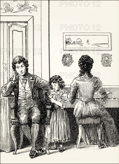Charlotte playing piano, with Werther, The Sorrows of Young Werter, a novel by Johann Wolfgang von