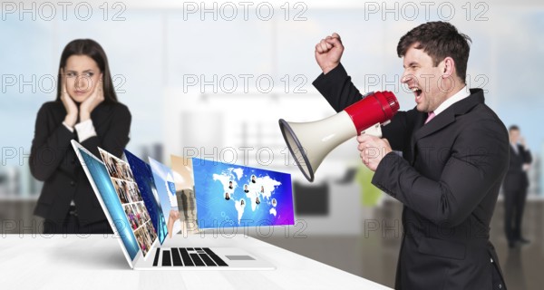 Businessman stands near laptop with many screens and scream to loudspeaker. Elements of this image