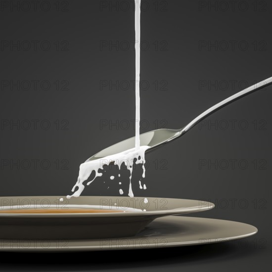 Some milk splashing at the spoon 3d illustration