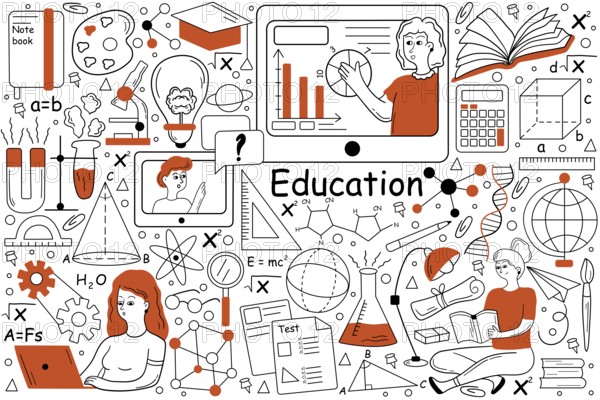 Education doodle set. Collection of hand drawn templates patterns of pupils students learning