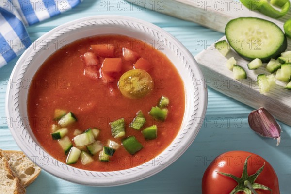 Gazpacho Andaluz is an Andalusian tomato cold soup from Spain with cucumber, garlic, pepper on