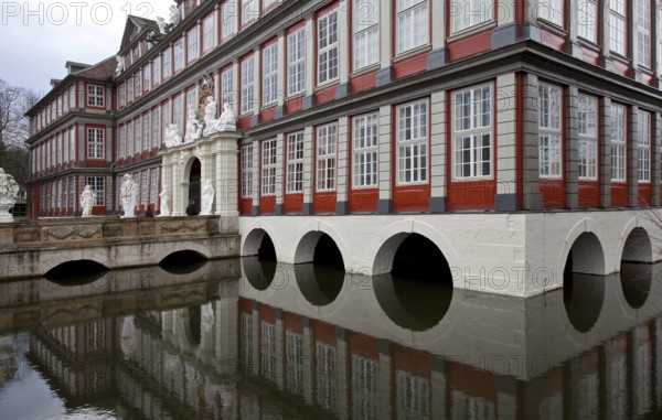 Wolfenbüttel Castle Portal façade partial view with moat and castle bridge present appearance