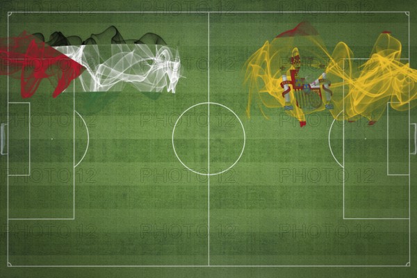 Palestine vs Spain Soccer Match, national colors, national flags, soccer field, football game,