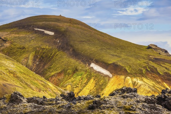 Incredible shades of rhyolitic mountains - yellow, orange, green and blue. Summer volcanic tundra.