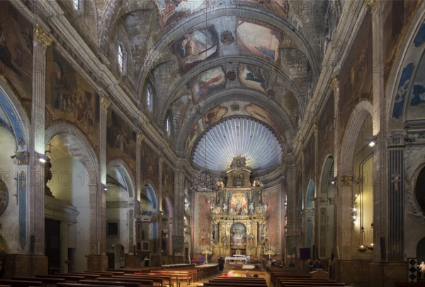 Majorca, Pollenca, Esglesia Nostra Senyora dels Angels, view of the altar, ceiling paintings by