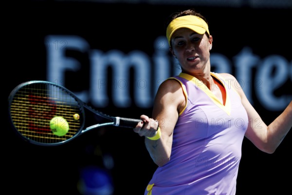 MELBOURNE, AUSTRALIA - JANUARY 19: Anastasia Pavlyuchenkova of Russia hits a forehand to Donna