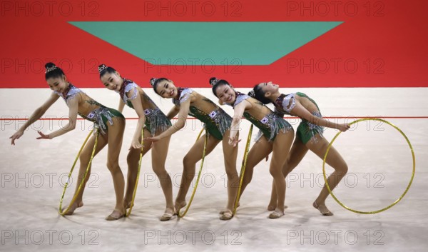 Sofia, Bulgaria - 16 September, 2022: Members of team Korea in action with 5 hoops during the 39th