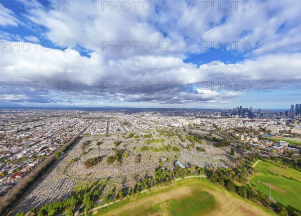 Aerial view of Melbourne Cemetery on a cool winter's day from Parkville in Victoria, Australia,